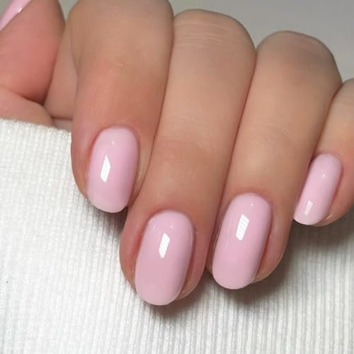 24 Pièces Amande Faux Ongles Court, Couleur Pure Ongles à Coller Glossy Ballerine Press on Nails, Français Acrylique Artificiel Capsules Ongles pour Femmes et Filles (Rose Clair)