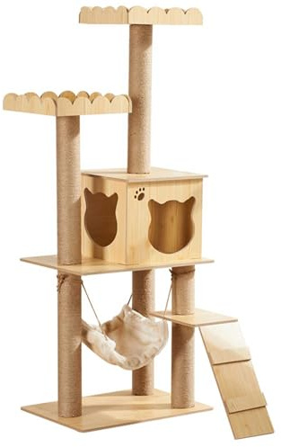 PETCUTE Tiragraffi per Gatto,Albero Tiragraffi in Legno per Gatti,Albero per Gatti Alto 130 cm con 3 Pali Graffiatoi, 2 Posatoi, 1 Grotta, 1 Amaca,Facile da Installare,Adatto per 2-3 Gattini