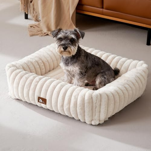Upvilla Luxus Hundebett,4-seitiges Hundesofa,waschbarer Hundekorb,MP Beige | Superweiches Kaninchen-Kunstfell-Bezug, dick aufgefüllte Stützpolsterung, integrierter Tragegriff, Kleintierbett, Katzenbett