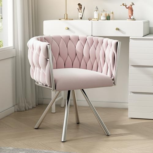BOSTEU 360° Swivel Velvet Dining Chairs, Kitchen Chairs with Backrest and Metal Support Legs, Breakfast Seating for Living Room Dining Room Vanity (Pink)