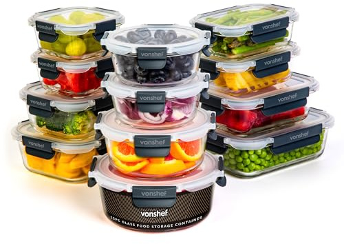 VonShef Glass Containers with Lids - 12 Piece Meal Prep Food Lunch Boxes 320ml-1L Capacities, Oven and Dishwasher Safe, BPE-Free Airtight Leakproof Seal Great for Food Storage & Fridge Organisation