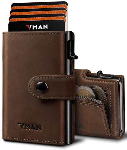 VMAN Geldbörse Herren, Slim Wallet mit Münzfach, RFID Schutz, Crazy Horse Leder Portmonee Geldbeutel für 8–11 Karten, Kleines Kartenetui für Alltag & Reise - Vintage Braun