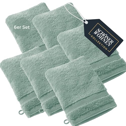 SCHÖNER WOHNEN Lot de 6 gants de toilette en tissu éponge de qualité supérieure pour bébé - 16 x 21 cm - Absorbants - 500 g/m² - Gants de toilette de luxe verts - 100 % coton - Moelleux pour le corps