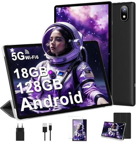 DMOAO Tablet 10 Zoll Android 14 mit 5G WLAN 6, 18 GB RAM + 128 GB ROM(TF 1TB), Widevine L1, Octa-Core, BT 5.0, Face ID, FHD 1280 * 800 IPS, 6000 mAh, 2 in 1 Tablet mit Tastatur + Maus, Schwarz