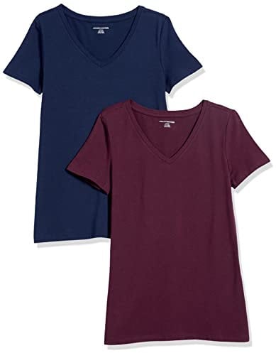 Amazon Essentials Women's Regular-Fit Short-Sleeve V-Neck T-Shirt, Pack of 2, Burgundy/Navy, XXL
