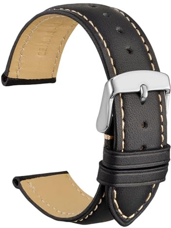 WOCCI 22mm Vintage Leder Uhrenarmband mit Edelstahl Silber Schließe (Schwarz mit Beige Nähten)