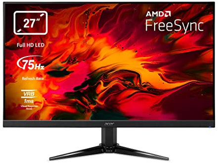 Acer Nitro QG271bii Monitor Gaming FreeSync da 27, Display Full HD, 75 Hz, 1 ms, 16:9, HDMI 1.4, VGA, Lum 300 cd/m2, ZeroFrame, Cavi VGA, HDMI Inclusi, Nero