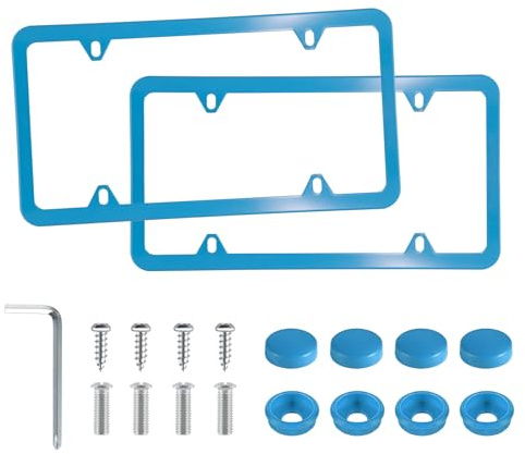 LivTee 4 Löcher Edelstahl Kennzeichenrahmen 2 Stück Auto Kennzeichenabdeckungen Slim Design mit Schrauben Unterlegscheiben Kappen für US-Fahrzeuge, blau
