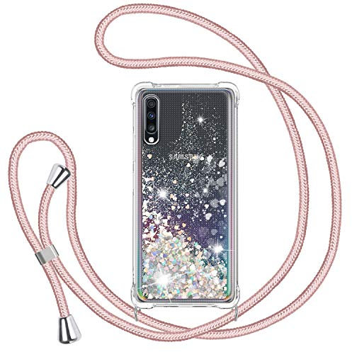Handyband für Samsung Galaxy A50/A50S/A30S Hülle mit Band, Glitzer Treibsand Handyhülle mit Kordel zum Umhängen Transparent Stoßfest Schutzhülle mit Kette Schnur, Quicksand Necklace Case in Roségold