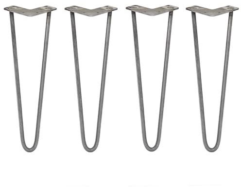 Monster Shop Hairpin Legs x 4 Table Legs Hair Pin Furniture 4Pcs Desk Bench Chair Metal Raw Steel 2 Prong Protector Feet | 16” 12mm…