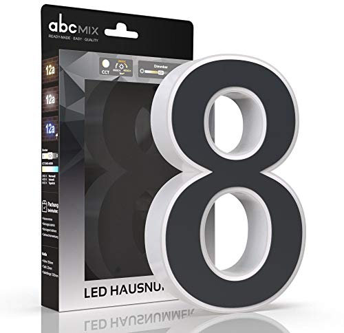 abcMIX LED Hausnummer, personalisierbare beleuchtete Hausnummer, Hausnummernleuchte mit LED - Hausnummer 8, Farbe ANTHRAZIT, Lichtfarbeneinstellung, Dimmbarkeit