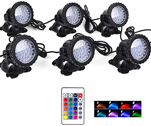 SHOYO Underwater Pond Lights, Colored Submersible Spot Lights, 36 LED Spotlight for Yard IP68 Waterproof Remote Control Multi-Color Dimmable Adjustable for Outdoor Fountain Landscape, Set of 6