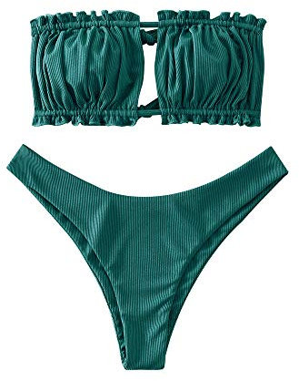 ZAFUL Damen Bikini Set, schulterfrei Bandeau mit Kordelzug & Rüschen High Cut Einfarbig Bademode (A-Pfauenblau,L)