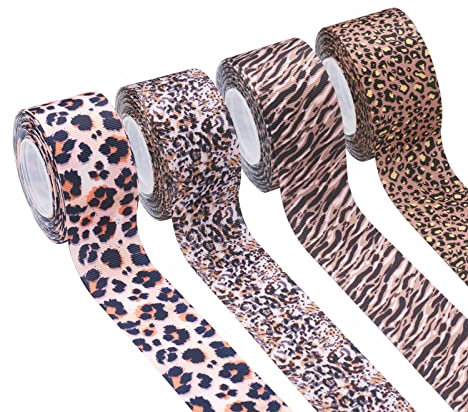Cheriswelry 4 Rollen Ripsband mit Leopardenmuster, 3,8 cm Geparden-Tierdruck, Polyestergewebeband für Stirnbänder, Haarschleifen, Basteln, Nähen, Wickeln