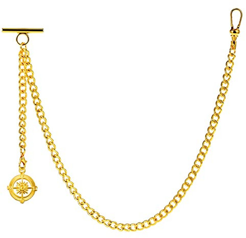 ZTA Herren Albert Kette Golden Taschenuhr Kette Weste Kette mit Kompass Anhänger für Männer T BAR FOB Charme