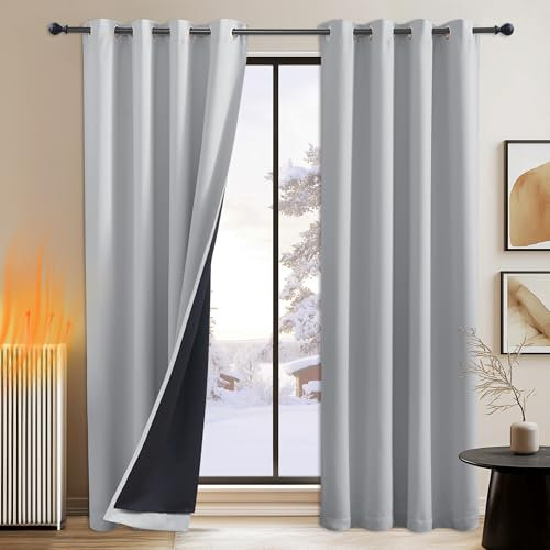 PONY DANCE Blickdichte Vorhänge Hellgrau Thermovorhang Hitzeschutz Ösenschal 2er Set H 245 x B 140 cm Verdunkelnde Gardinen mit Ösen Doppellagiger Verdunkelungsvorhang Curtains for Bedroom