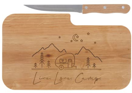 LASERHELD | Brotzeitbrett Holz mit Gravur “Live Love Camp” & Messer | 26 x 15 cm | Frühstücksbrettchen Holz Schneidebrett Jausenbrett | Geschenk für Camper und Camping
