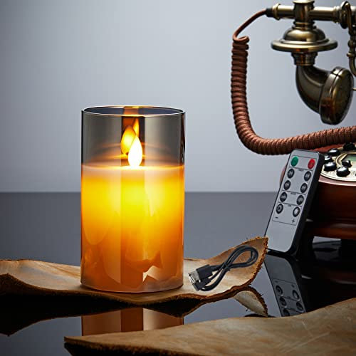 LED Kerzen, Wiederaufladbar LED Kerzen mit Glas, Halloween Kerzen, Led Kerzen mit Fernbedienung, Flammenlose Flackern Kerzen, Outdoor LED Kerzen mit Timer 15cm, USB Ladekabel Inbegriffen--Grau
