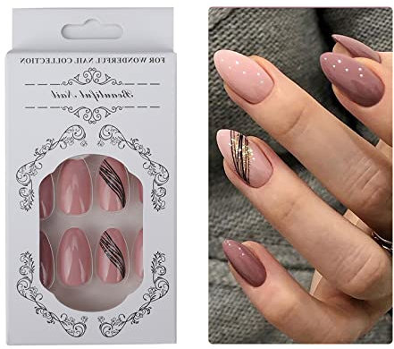 48 Pcs Almond Shaped Press on Nails Medium Fake Nails with Nail Glue and Tools Kit, French Tip Glue on Nails, Pink Purple Stick on Nails, Cute Artificial False Nails for Girls Women