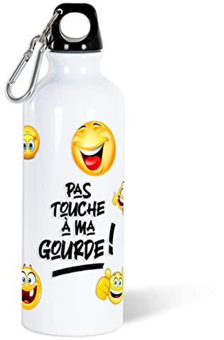 Gourde 500ml Bouteille d’Eau Aluminium Réutilisable Ecologique avec Bouchon Vissé et Mousqueton. Idée Cadeau Original Humour Enfant Homme Femme Sport Voyage Ecole Bureau Anniversaire Noël