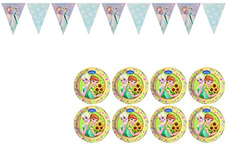 ALMACENESADAN, 4879, confezione festa Disney Frozen composto da 8 piatti in cartone da 19,5 cm e bandierine dimensioni circa 2,40 metri, ideale per feste e compleanni, 8435510348793