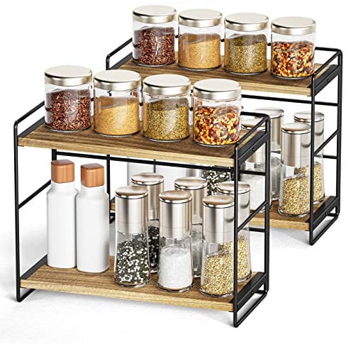 SRIWATANA Kitchen Cupboard Organiser Countertop Storage Shelves 2-set, Spice Rack Kitchen Counter Shelf Desktop Large Wood Shelf