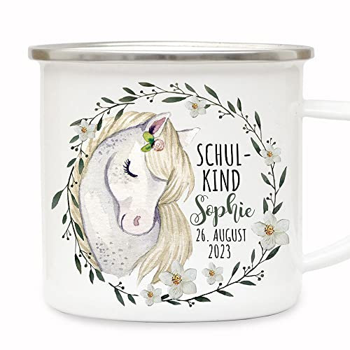 Tasse Emaille Becher zum Schulanfang zur Einschulung Pferd Stute weiß Schimmel Kranz Spruch Schulkind Wunschname Datum Geschenk eb696 - ausgewählte Größe: *3. Emaillebecher*