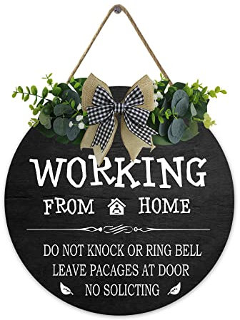 Working From Home Door Sign Please Do Not Knock or Ring Doorbell with Buffalo Plaid Bow Do Not Disturb Front Door Sign for All Seasons Home Office Porch Door Decoration 12 In