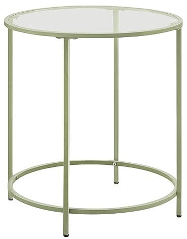 VASAGLE Mesa Auxiliar Redonda, Mesita de Noche de Cristal con Marco de Acero, Mesa de Centro Pequeña, para Salón, Balcón, Decorativo, Verde Laurel y Transparente LGT020C01