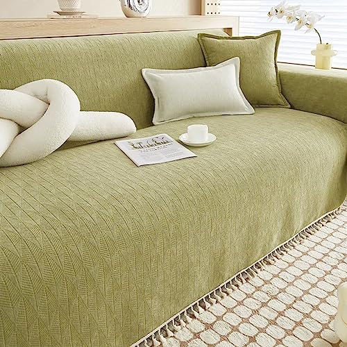 Homxi Sofabezug Zweisitzer,180x180CM,Sofa Überzug Einfarbig mit Quaste Sofa Überwurfdecke Chenille Handtuch Sofa Grün Cauchsofa Bezug
