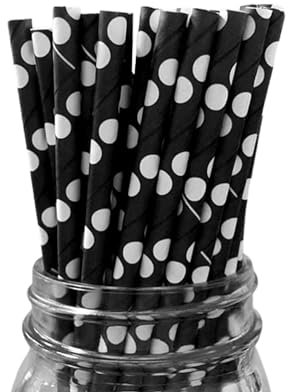 Berto Paper Straws 25pcs, Biodegradable Recyclable Drinking Straws for Wedding | Birthday Party Straws for Cocktail, Holiday, Coffee, Soda, Baby Shower Suppliers. (Black with White Dots)