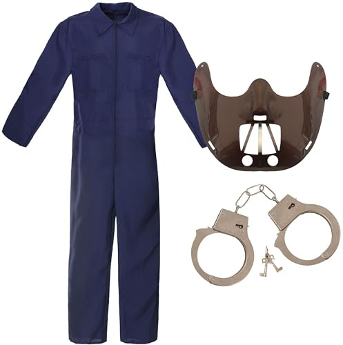 Adults Cannibal Doctor Costume - Navy Blue Boiler Suit, Fake Handcuffs and Brown Restraint Mask - Adults Halloween TV Film Fancy Dress Costume