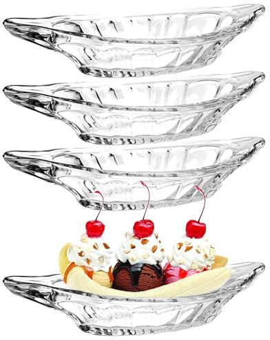 Juego de 4 cuencos divididos de plátano, cuencos de vidrio para helado, platos de postre, platos de frutas, transparentes