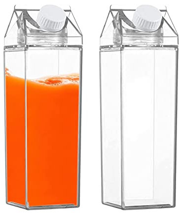 Lambo 2 Bouteilles d'eau Transparentes Carrées, Bouteilles en Lait Transparent, Bouteille Jus Fruits pour Frigo Camping Pique-Nique Sport Voyage, Tasse À Eau Gourà Eau Portatif, 1000ml