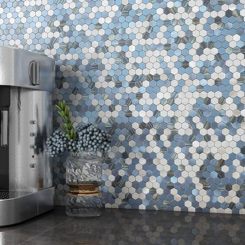 M MOFIT Lot de 5 petits carreaux métalliques autocollants hexagonaux pour cuisine, salle de bain, crédence et cheminée (bleu)