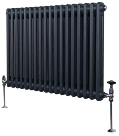 Traditioneller 2-Spalten-Heizkörper 600 x 832mm | Horizontaler Wandheizkörper | Matt Anthrazit Grau Kohlenstoffstahl | Wohn- Badezimmer Küche [Inkl. Reinigungsbürste, Befestigungsset & Halterungen]