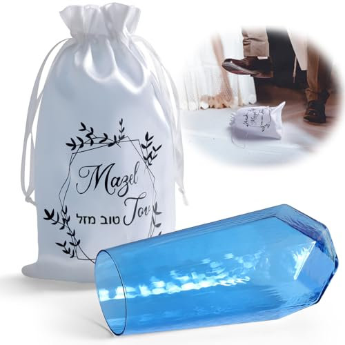 Jüdisches Chuppah Breaking Glass, Blaues Glasgefäß für Bräutigam, Hochzeitsgeschenk mit Kordelzugbeutel und Karte