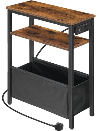 HOOBRO Narrow Side Table, Slim Side Table with Charging Station, USB Ports and Power Outlet, Bedside Table for Small Space, 40 x 20 x 60 cm, for Living Room, Rustic Brown and Black EBF125KBZ01