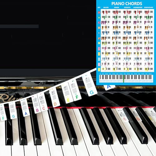 Removable Piano Keyboard Note Labels with Piano Chord Chart Poster, Reusable Piano Notes Guide for Beginner,88 Key Full Size Silicone Piano Keyboard Stickers