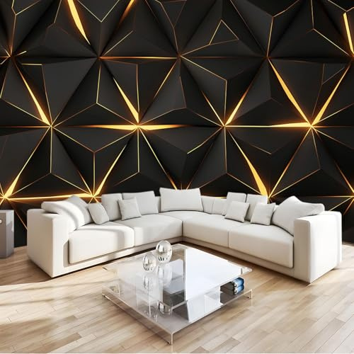Fototapete Goldene Schwarze Geometrie Dreieck 250x175 cm 3D Vliestapete Wandbild, Mustertapete Moderne Wandtapete, Wohnzimmer Schlafzimmer Kinderzimmer Büro Flur Wanddeko