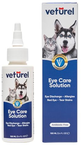 Veturel Augenpflege-Lösung für Katzen und Hunde | 100 ml Beruhigt Augeninfektionsallergie, lindert trockene Augen, rosa Augen, Tränenfleckenentferner Tropfen für Hunde | Kätzchen- und Welpenpflege