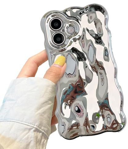 XIZYO Solid Color Wavy Bubble Case for iPhone 16, Silver | Cute Curly Wave Frame, Aesthetic Curvy Design, Full Camera Protection, Soft TPU Silicone,Shockproof Anti-Yellow,Girly Style