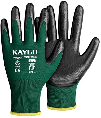 KAYGO Safety Work Gloves Nitrile Coated, Good Grip and Dexterity, KG12NDG | 12 Pairs Durable Working Gloves for Men Women, Ideal for Construction Automotive Gardening Assembly DIY (Dark Green, L)