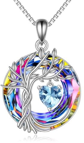 Tree of Life Birthstone Necklace for Women 925 Sterling Silver Tree of Life Jewelry Aquamarine Pendant March Birthstone Gemstone with Crystal Anniversary Birthday Christmas Gifts for Women