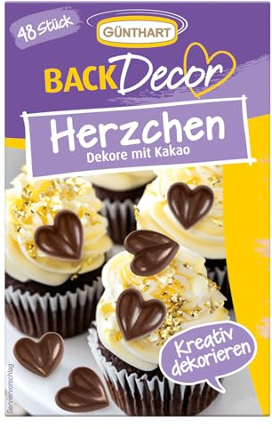 Günthart BackDecor 48 Dekor Herzen aus Kakaohaltige Fettglasur, für deine Kuchen und CupCakes zum Valentinstag, 1er Pack (37 gr)