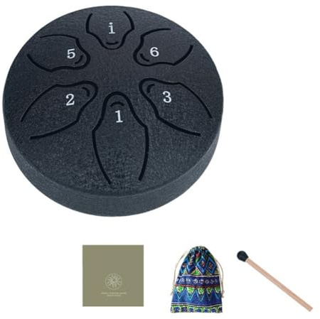 Qussedser 3 Inch 6 Tone Outdoor Steel Tongue Drum Rain Drum Instrument Mini Hand Drum Ethereal Drumstick Black