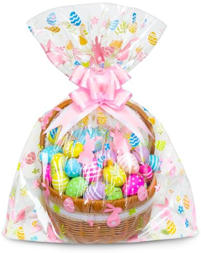 GOMANCHE 10 große Osterkorb-Tüten, 61 x 76,2 cm, Oster-Zellophanbeutel mit 10 Stück Schleife, Oster-Geschenktüten aus Kunststoff für Oster-Party-Gastgeschenke