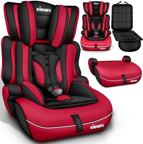 KIDUKU Seggiolino auto con coprisedile, cresce con il bambino, sedile, universale, approvato con la normativa ECE R129/03, 9-36 kg (1-12 anni), gruppo 1+2+3 (Noir/Rosso)