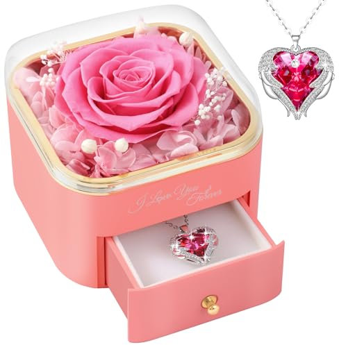 FRFG Rose Eternelle avec Collier Coeur, Roses Préservé avec Bijoux, Cadeau Anniversaire Femme, pour Épouse Maman Idee Cadeau avec Bijoux Fête des Mères Noël - Rose