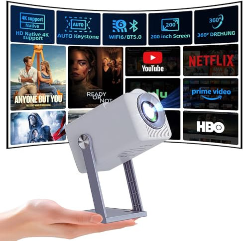 Smart Mini Projektor, 360° Dreh Tragbarer Beamer, 4K Smart Beamer Unterstützt WiFi 6, Bt5.0, Android 11.0 os, Auto Trapezkorrektur Für Handy iOS/Laptop/Tablet/USB/Heimkino, Weiß